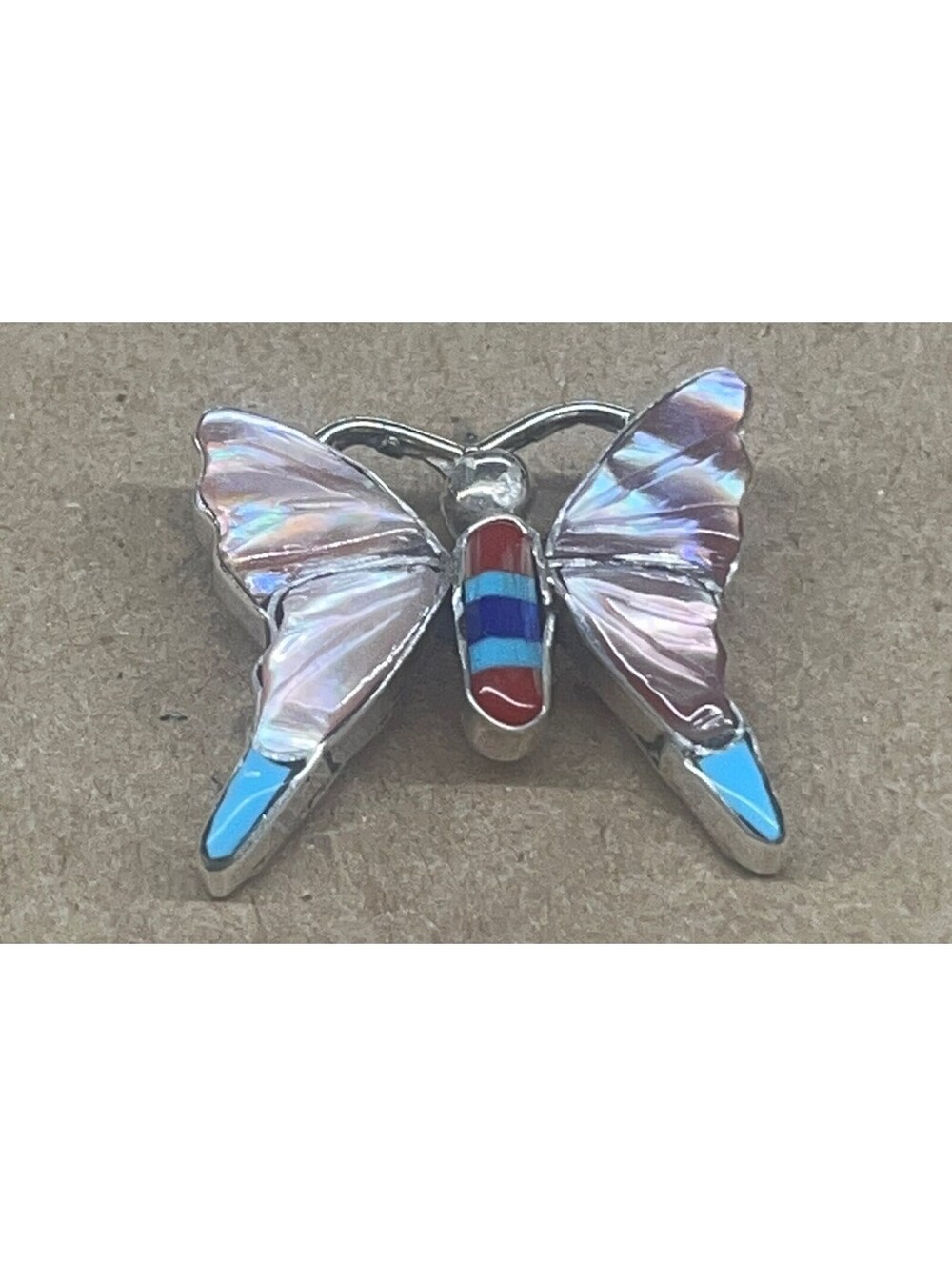 Native American Zuni handmade sterling silver butterfly turquoise inlay pendant